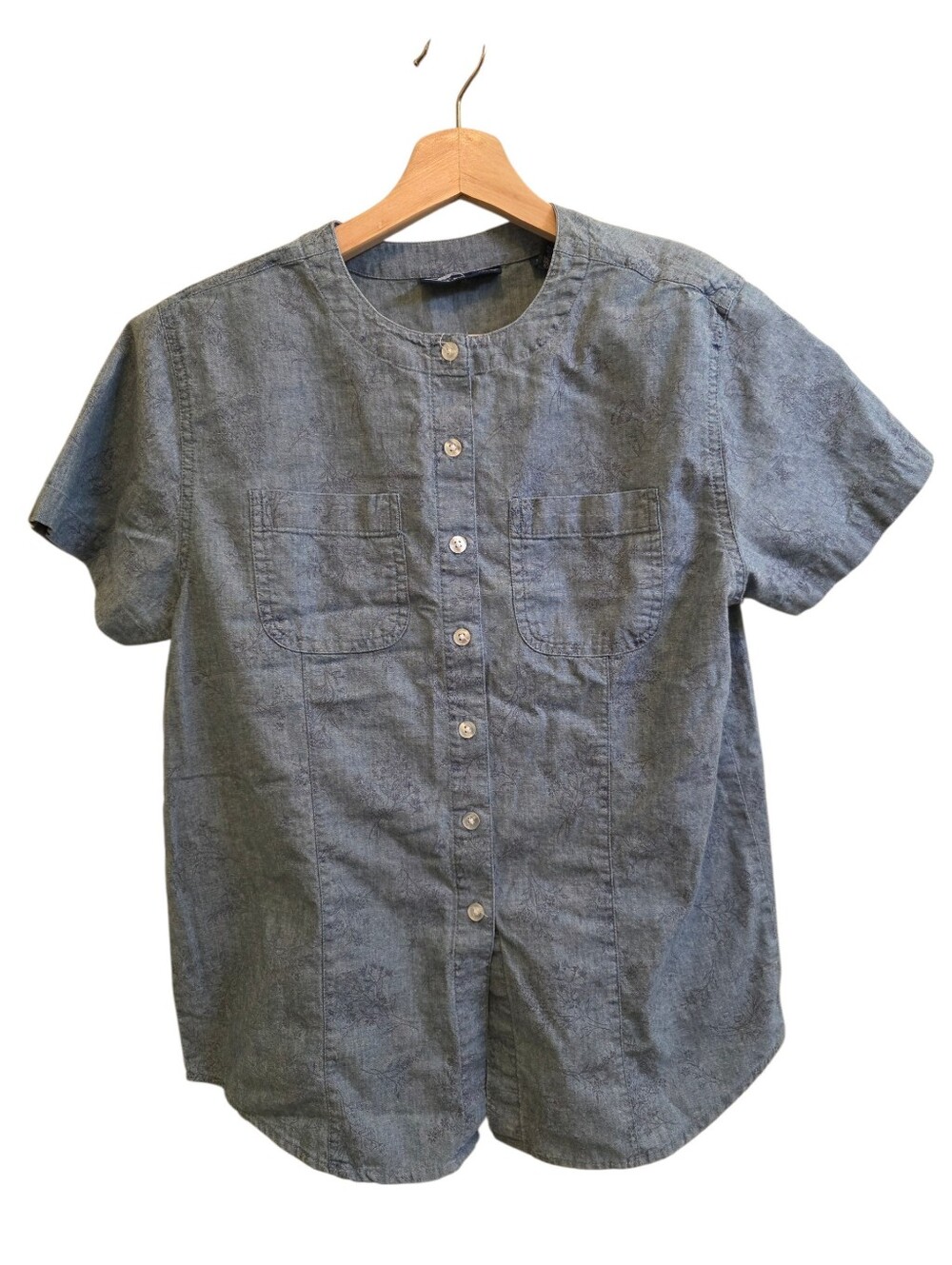 Karen Scott Petites 100% Cotton Floral Print Chambray Button-Up Blouse Sz PS
